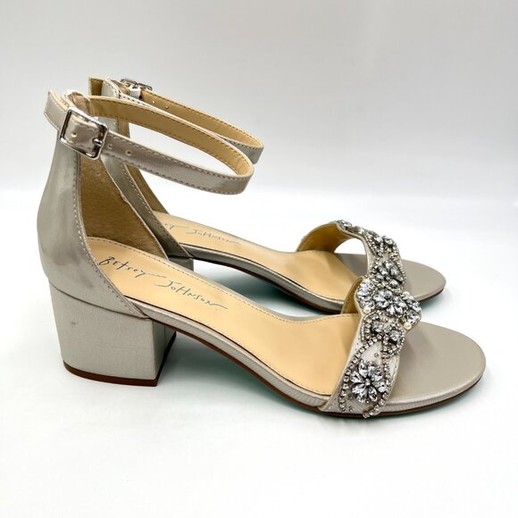 8W 8 WIDE WIDTH Betsey Johnson Mel Low Block Heels Jeweled Dress Sandals Shoes - Picture 1 of 13